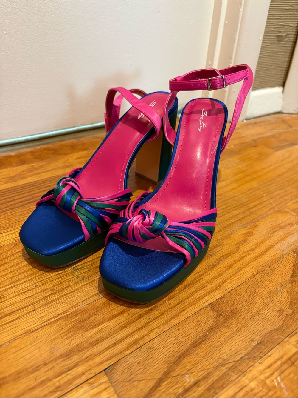 Bright Pink Multi-Color Platform Sandals with Knot Detail